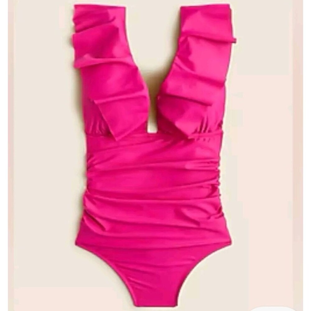 J.Crew Women’s Ruched Ruffle One-Piece Swimsuit Size 2 In Radiant Fuchsia New